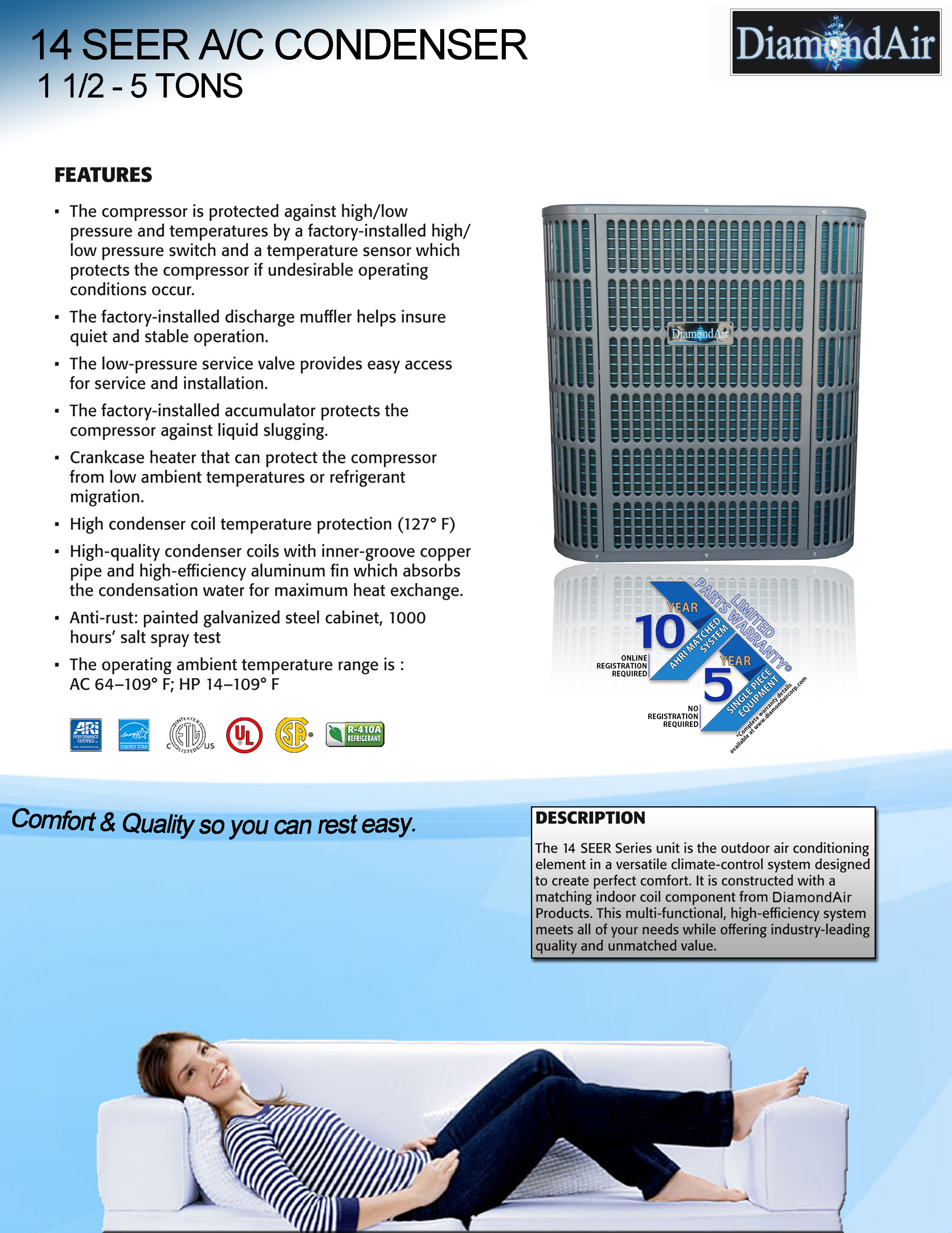 2 Ton DiamondAir 14 SEER Condenser, D1424AC (T)